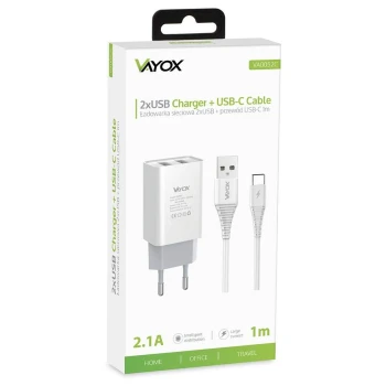 Punjač 2xUSB 5V 2,1A + USB Type C kabel 1m VA0052C