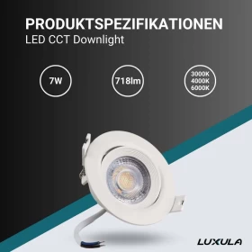 Stropna svjetiljka 7W 3CCT 718lm 38° IP44 downlight zakretna podesiva LUXULA LX300100